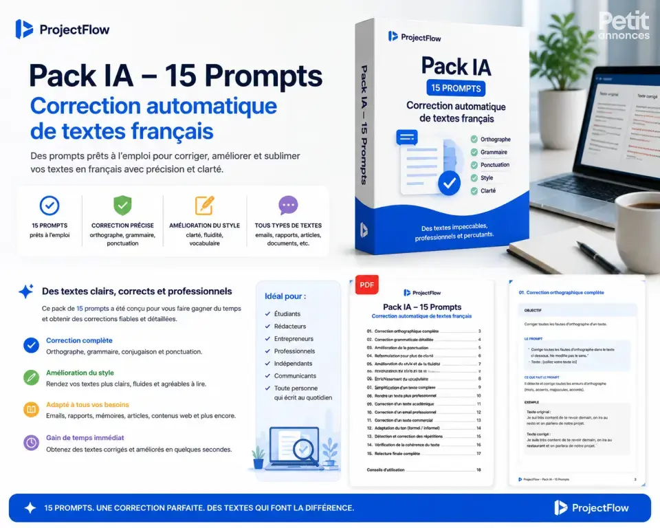 ProjectFlow – Pack de 15 prompts IA pour la correction automatique de textes français