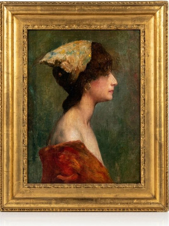 Tableau – Portrait de femme de profil au chapeau, huile sur panneau, école française, XIXe