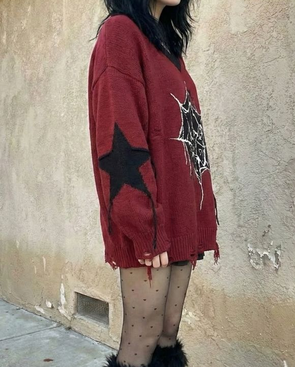 Pull Oversize Graphique – Toile d'Araignée & Étoiles