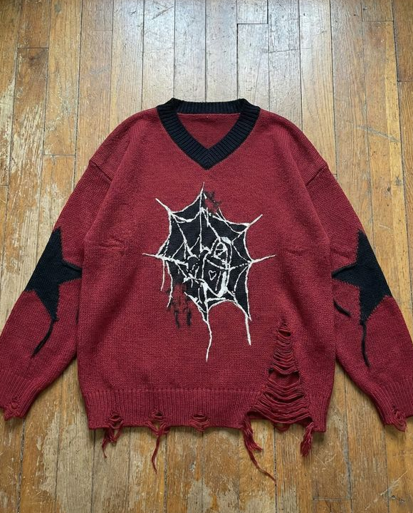 Pull Oversize Graphique – Toile d'Araignée & Étoiles