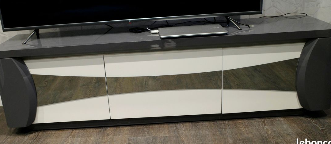 PRIX NEGOCIABLE - Meuble TV Télé Excelent Etat Design GRIS et BLANC