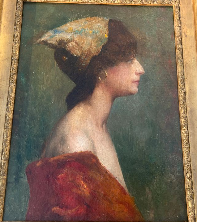 Tableau – Portrait de femme de profil au chapeau, huile sur panneau, école française, XIXe