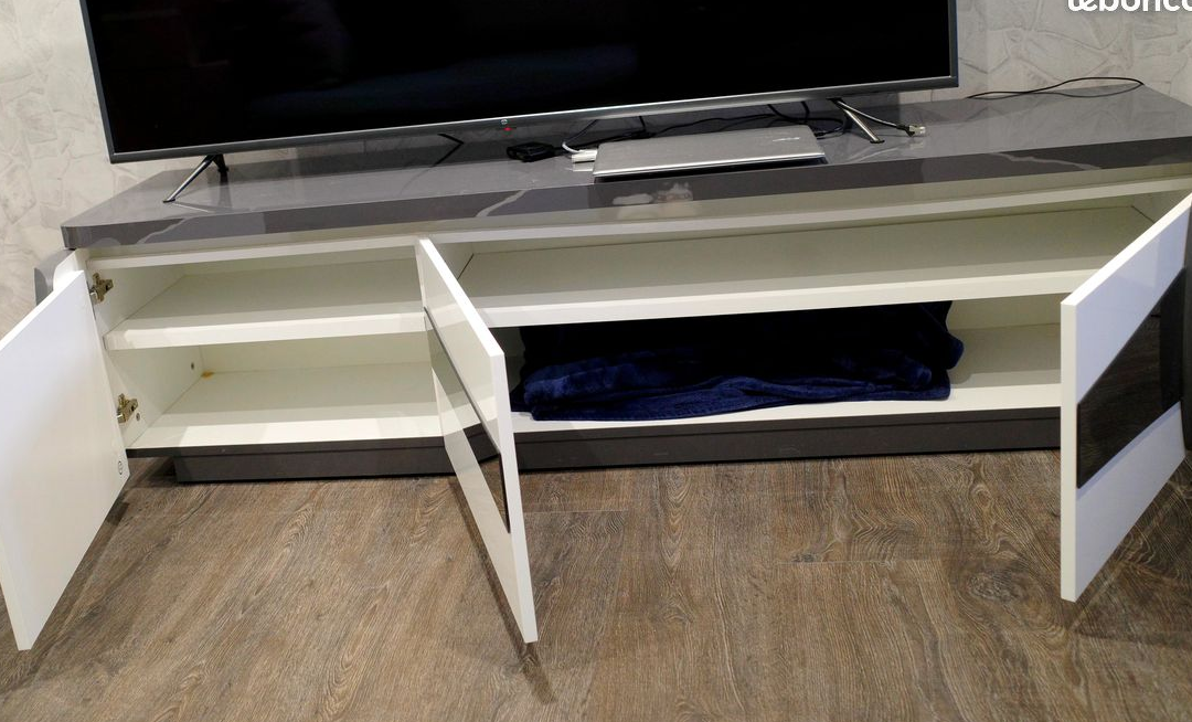 PRIX NEGOCIABLE - Meuble TV Télé Excelent Etat Design GRIS et BLANC