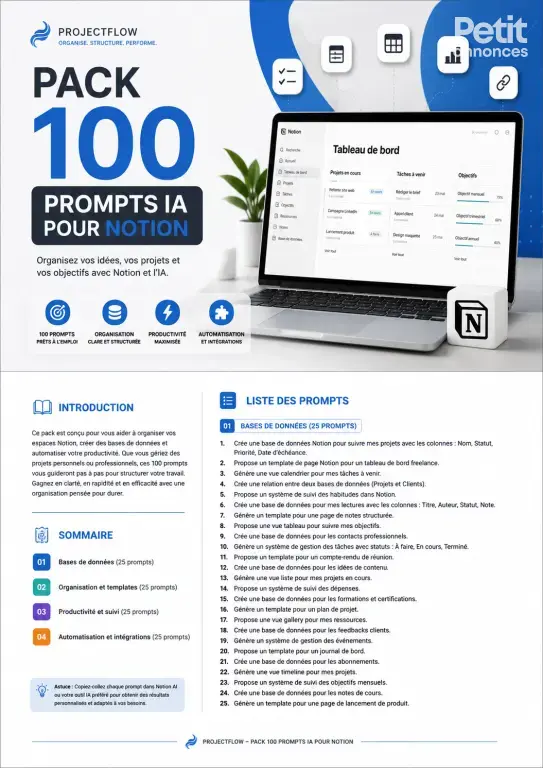 ProjectFlow – Pack 100 Prompts IA pour Notion