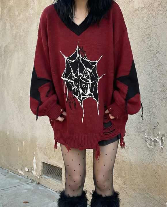 Pull Oversize Graphique – Toile d'Araignée & Étoiles