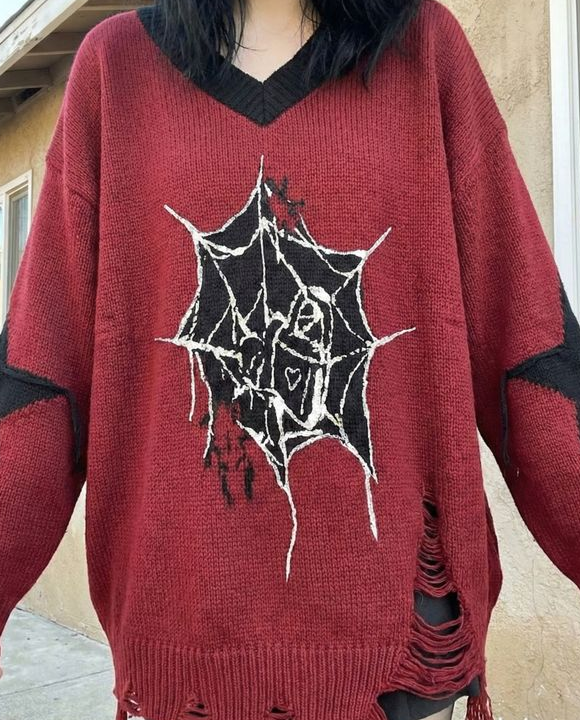 Pull Oversize Graphique – Toile d'Araignée & Étoiles