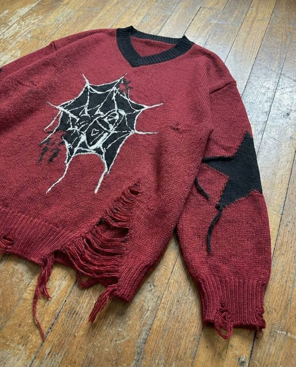 Pull Oversize Graphique – Toile d'Araignée & Étoiles