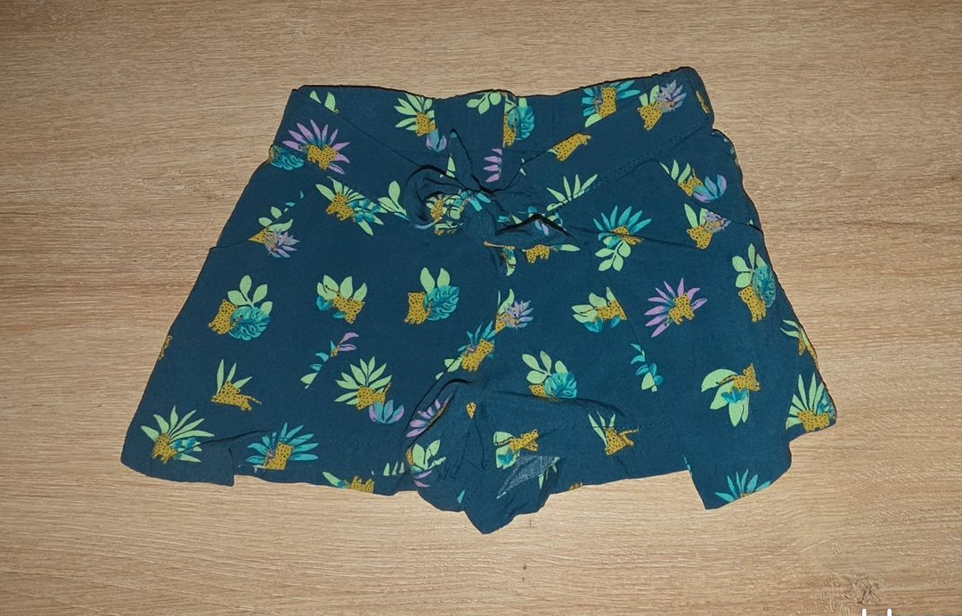 Short Fluide Bleu Canard 18M Gémo Haut Tropical Léopard Ceinture à Nouer