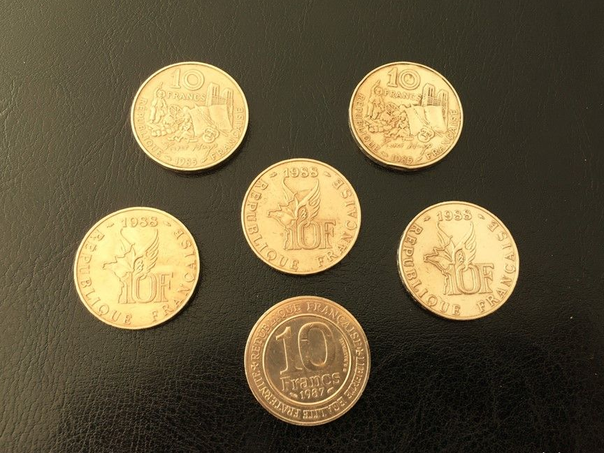 6 Pièces de 10 francs, commémoratives, 1985=>1988